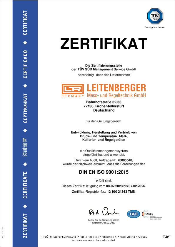 ISO Zertifikat Leitenberger Mess- und Regeltechnik GmbH
