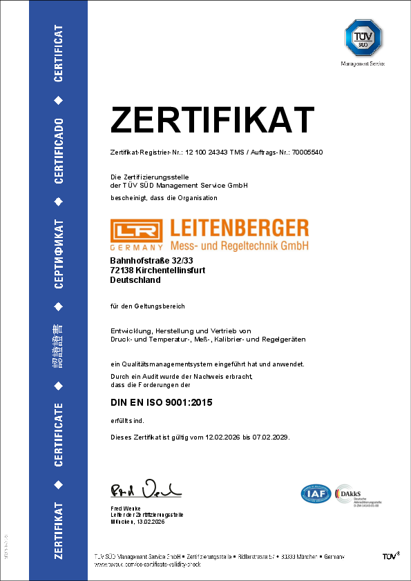 ISO Zertifikat Leitenberger Mess- und Regeltechnik GmbH